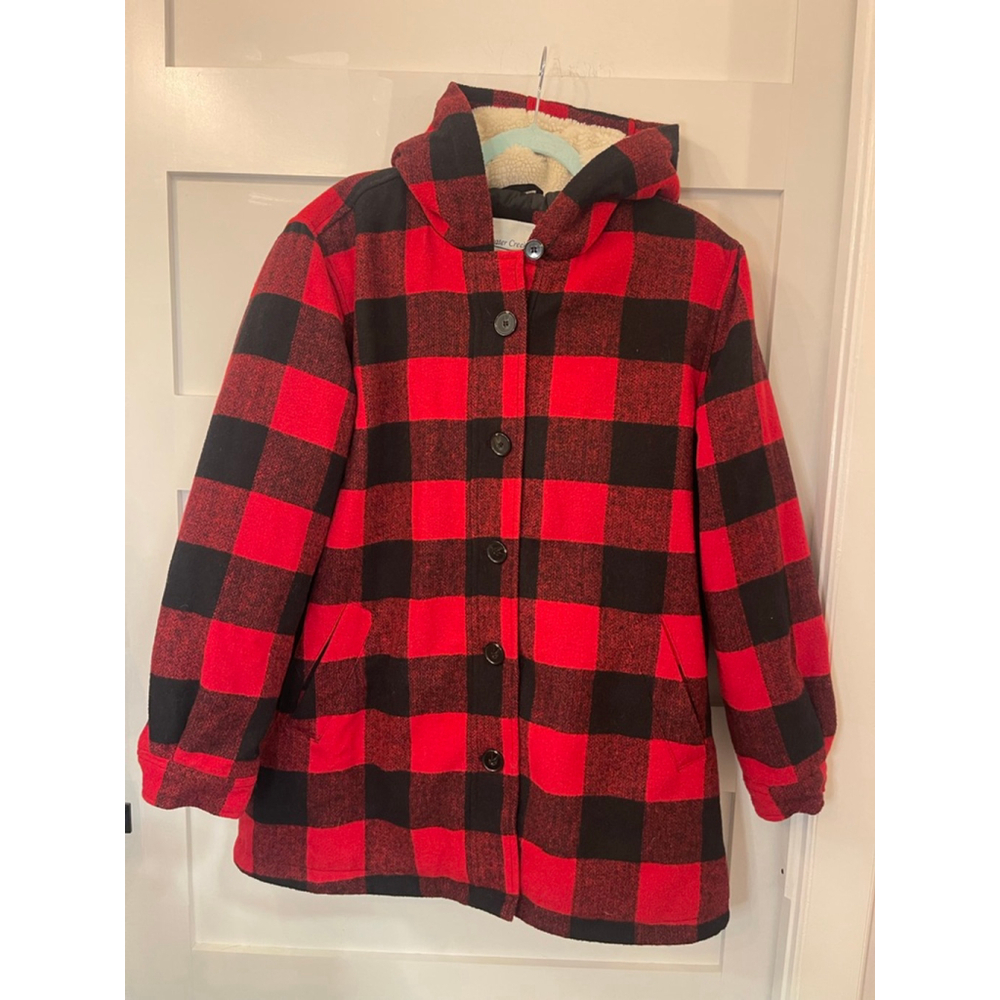 Coldwater Creek Red Black Buffalo Plaid Wool Blend Hooded Coat Jacket Size M